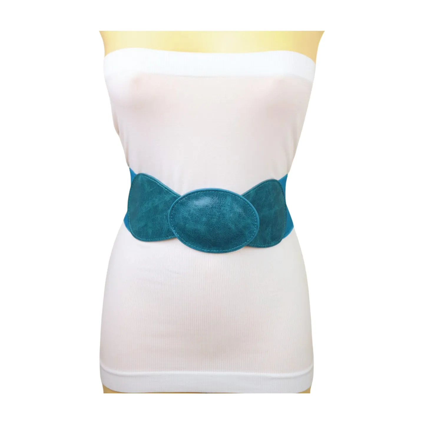 Women Turquoise Blue Elastic Fashion Belt Hip High Waist Oval Buckle M L
