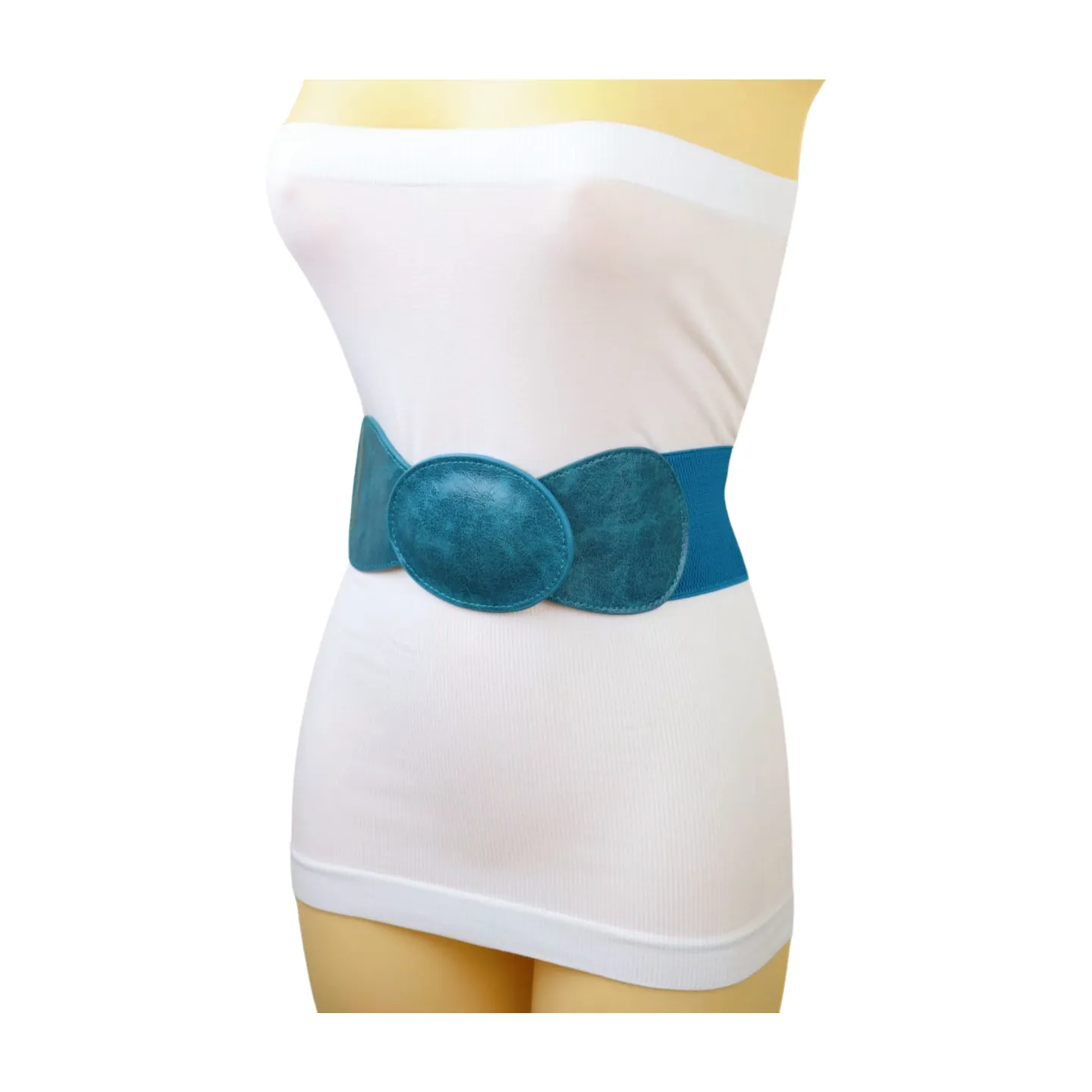 Women Turquoise Blue Elastic Fashion Belt Hip High Waist Oval Buckle M L