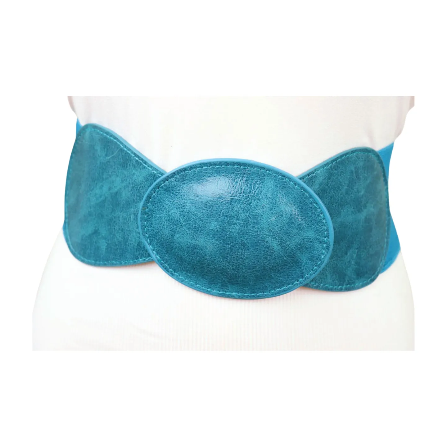 Women Turquoise Blue Elastic Fashion Belt Hip High Waist Oval Buckle M L