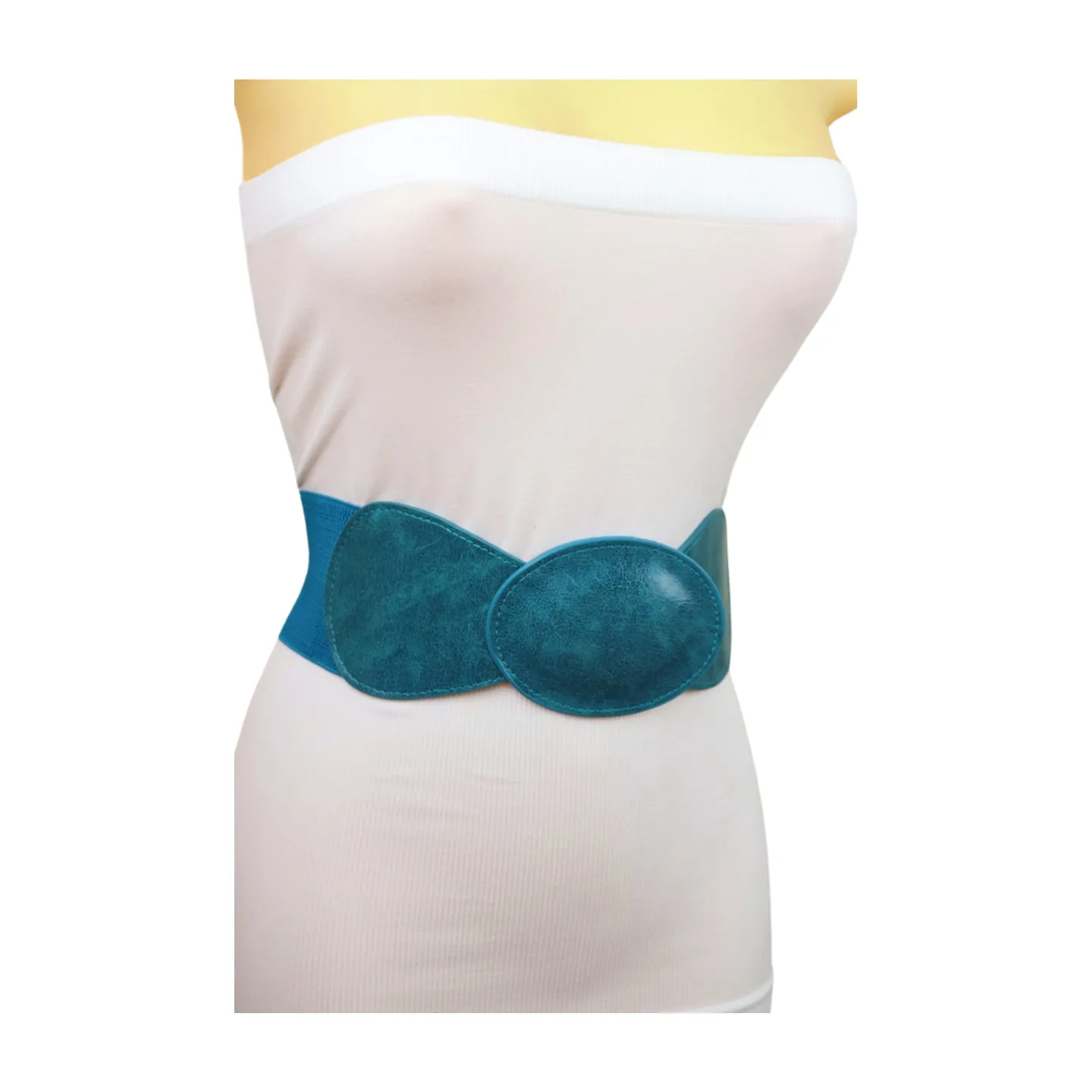 Women Turquoise Blue Elastic Fashion Belt Hip High Waist Oval Buckle M L