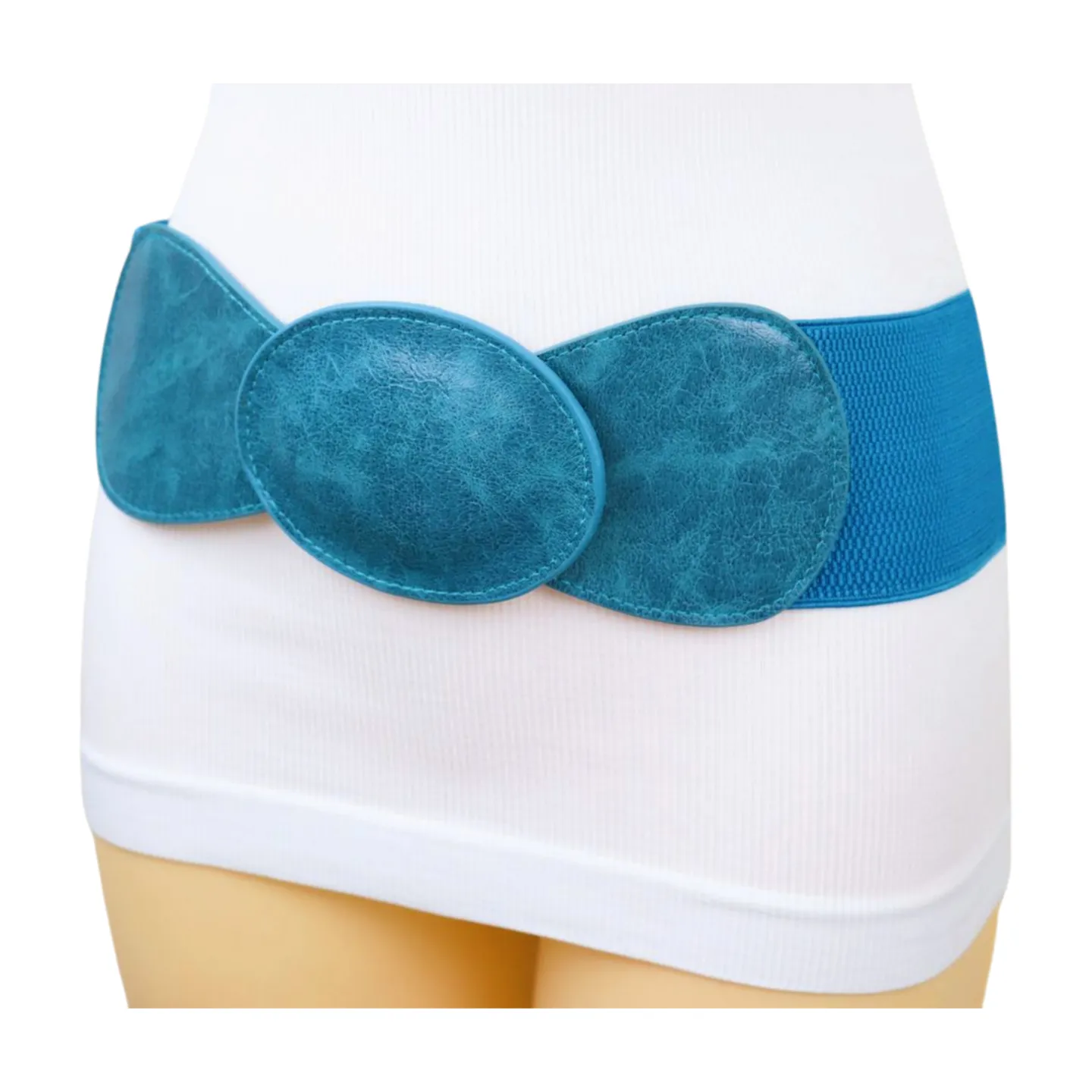 Women Turquoise Blue Elastic Fashion Belt Hip High Waist Oval Buckle M L