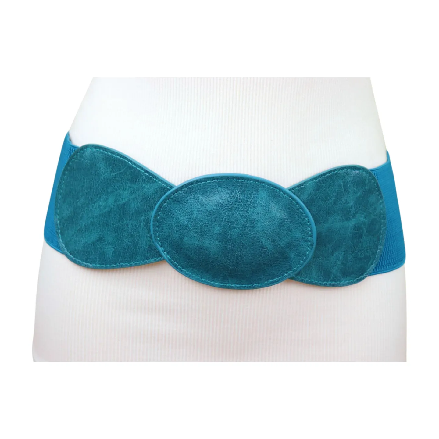 Women Turquoise Blue Elastic Fashion Belt Hip High Waist Oval Buckle M L