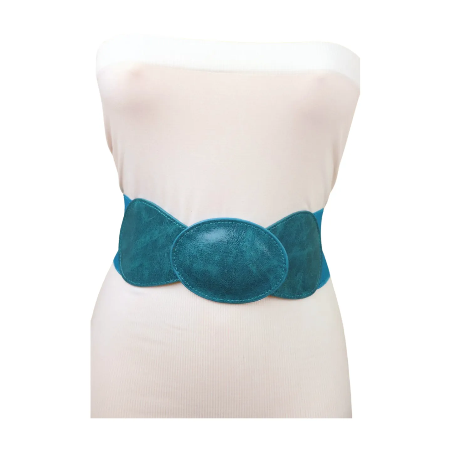 Women Turquoise Blue Elastic Fashion Belt Hip High Waist Oval Buckle M L