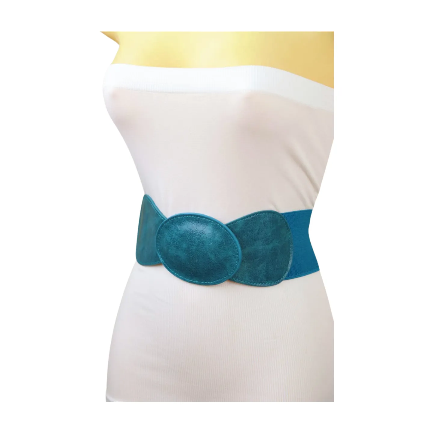 Women Turquoise Blue Elastic Fashion Belt Hip High Waist Oval Buckle M L