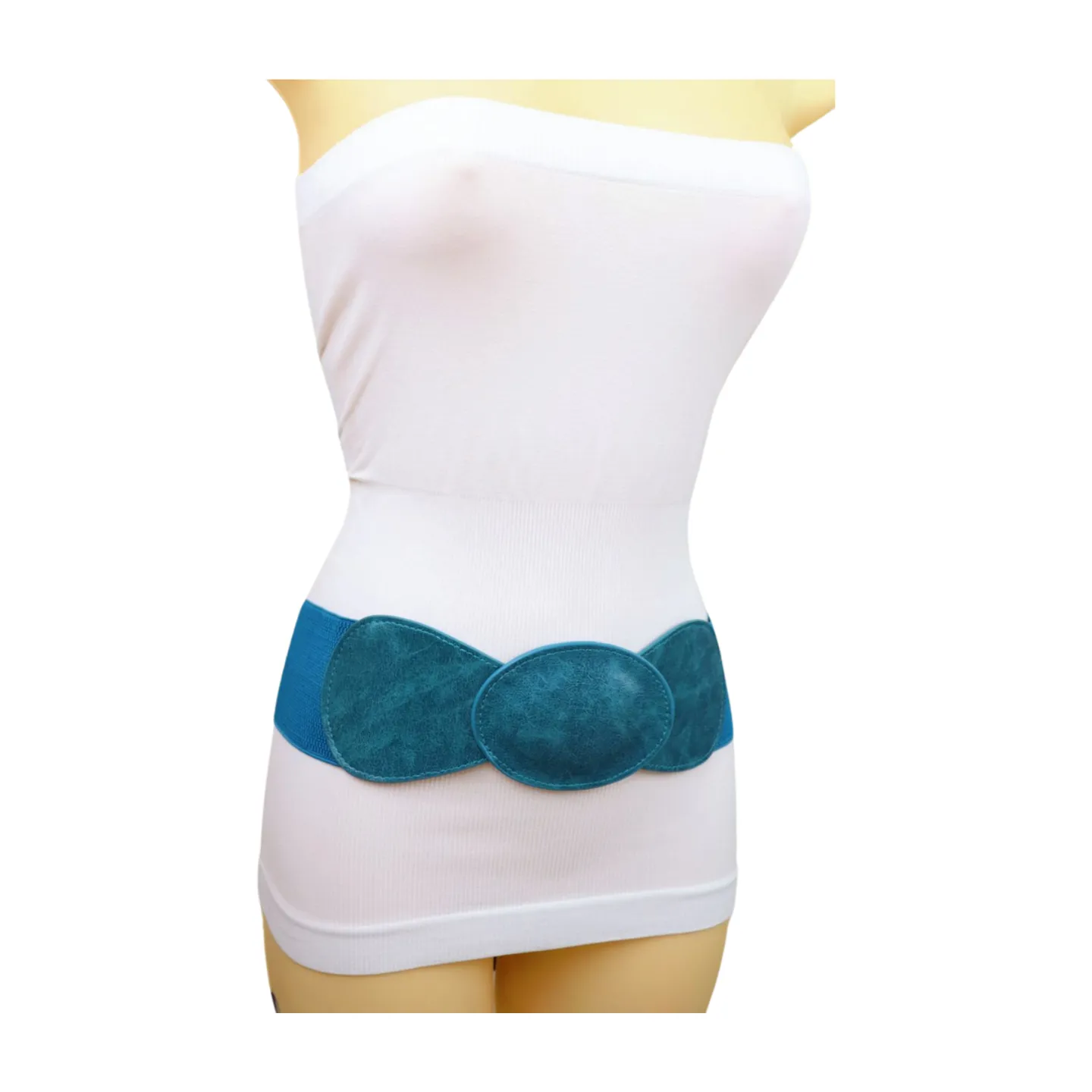 Women Turquoise Blue Elastic Fashion Belt Hip High Waist Oval Buckle M L