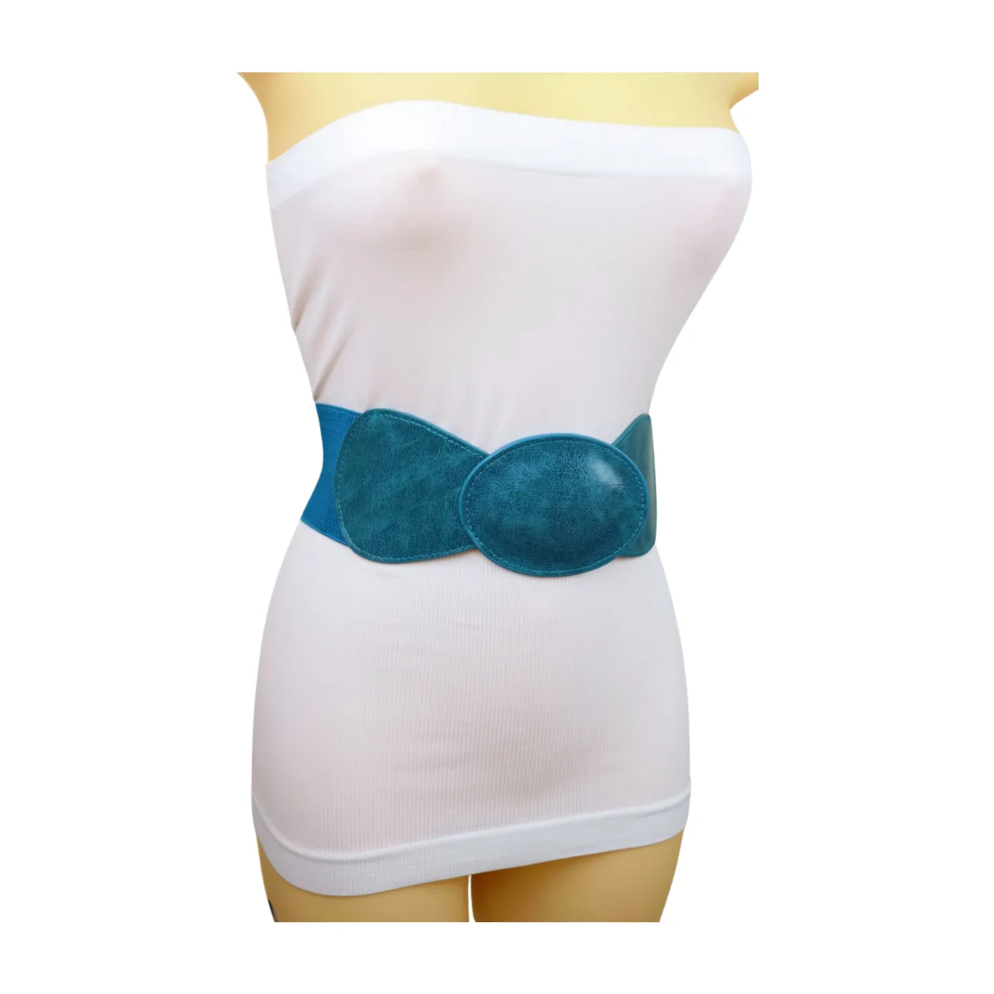 Women Turquoise Blue Elastic Fashion Belt Hip High Waist Oval Buckle M L