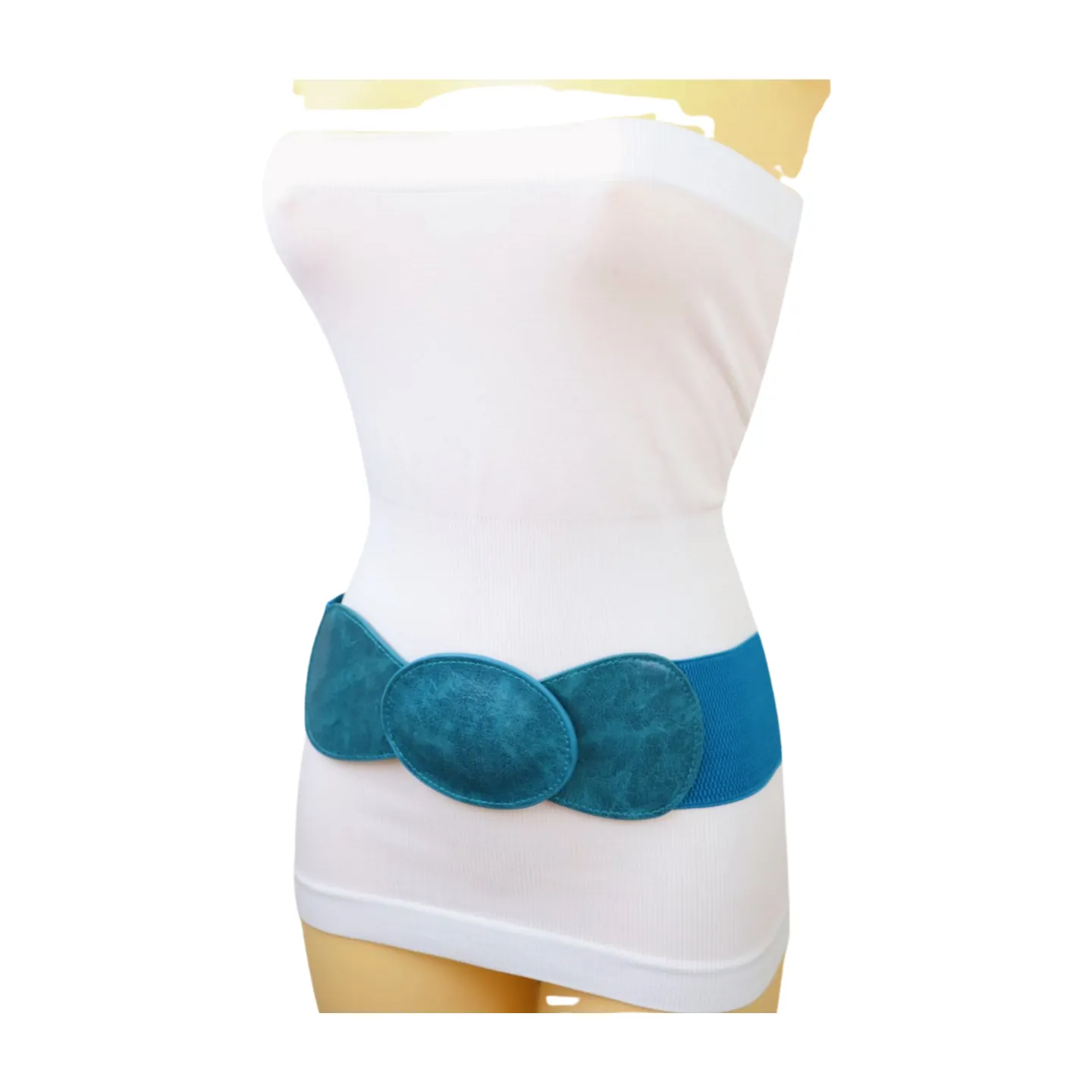 Women Turquoise Blue Elastic Fashion Belt Hip High Waist Oval Buckle M L