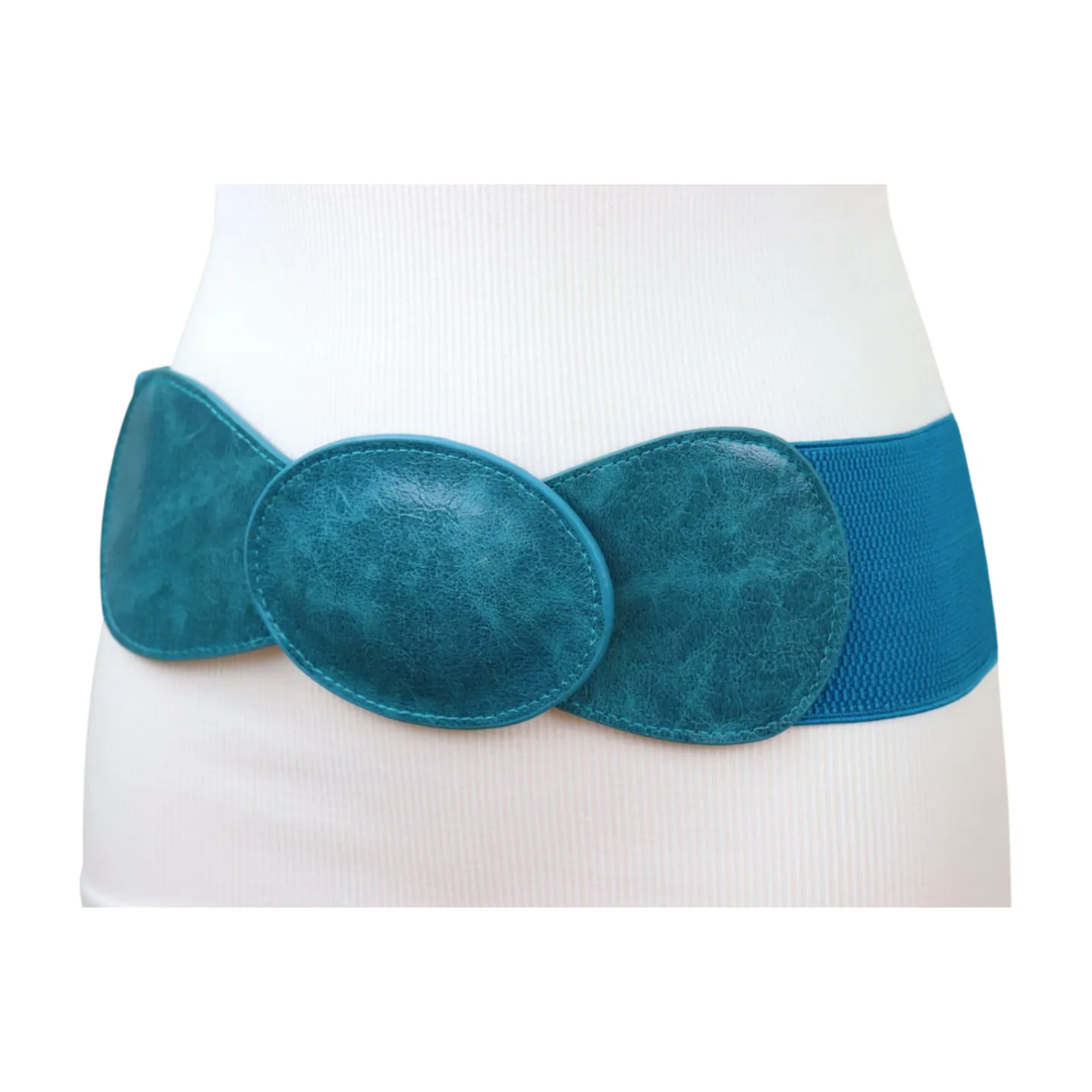 Women Turquoise Blue Elastic Fashion Belt Hip High Waist Oval Buckle M L