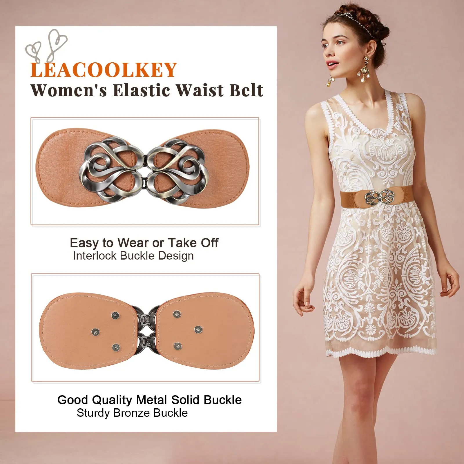 Women Vintage Wide Waist Belt for Dress, Elastic Cinch Belt with Retro Interlocking Buckle