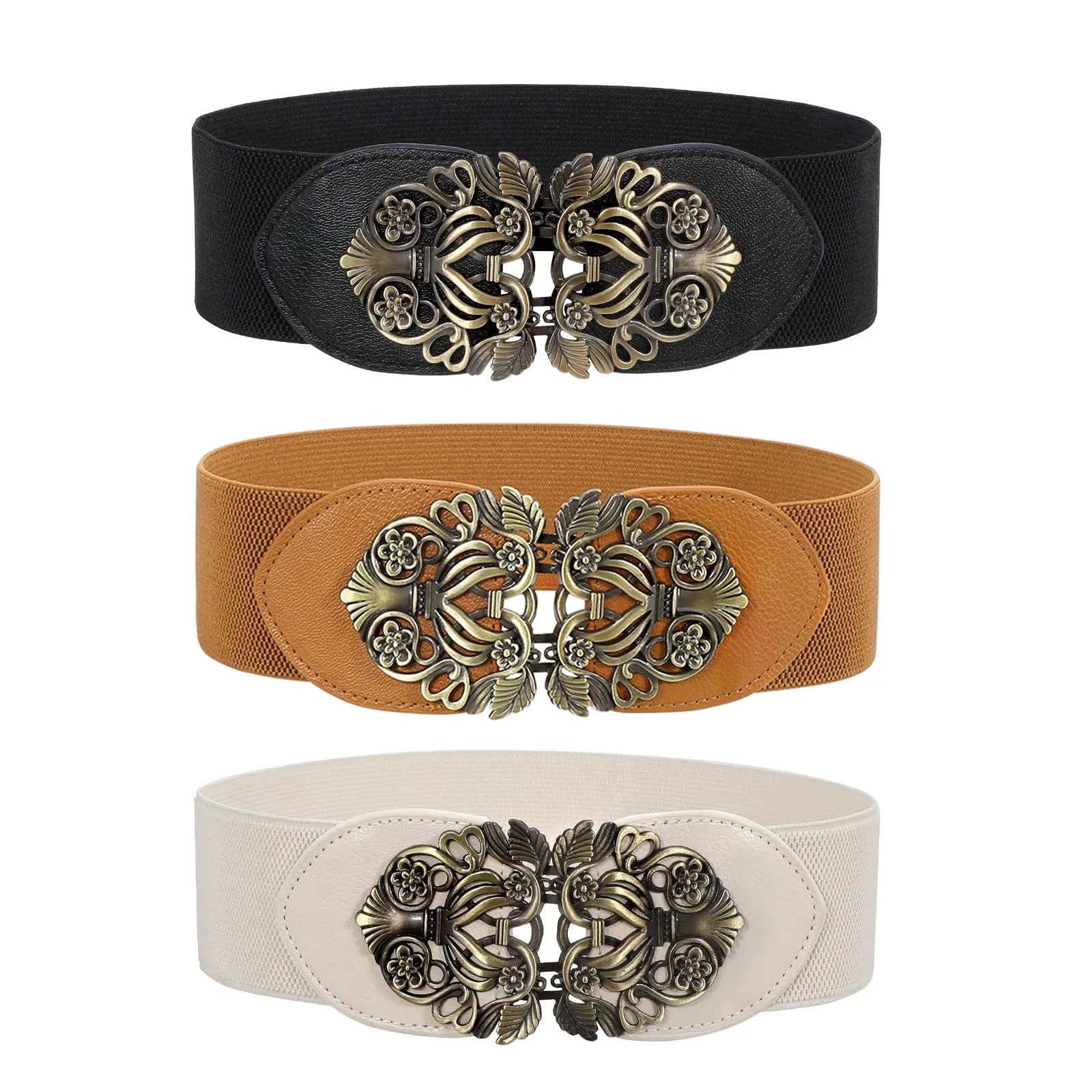 Women Vintage Wide Waist Belt for Dress, Elastic Cinch Belt with Retro Interlocking Buckle