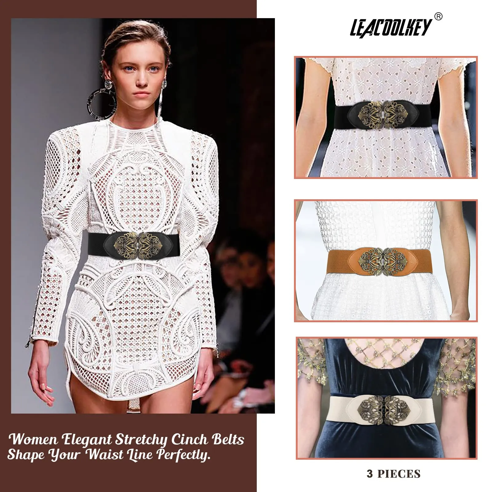 Women Vintage Wide Waist Belt for Dress, Elastic Cinch Belt with Retro Interlocking Buckle