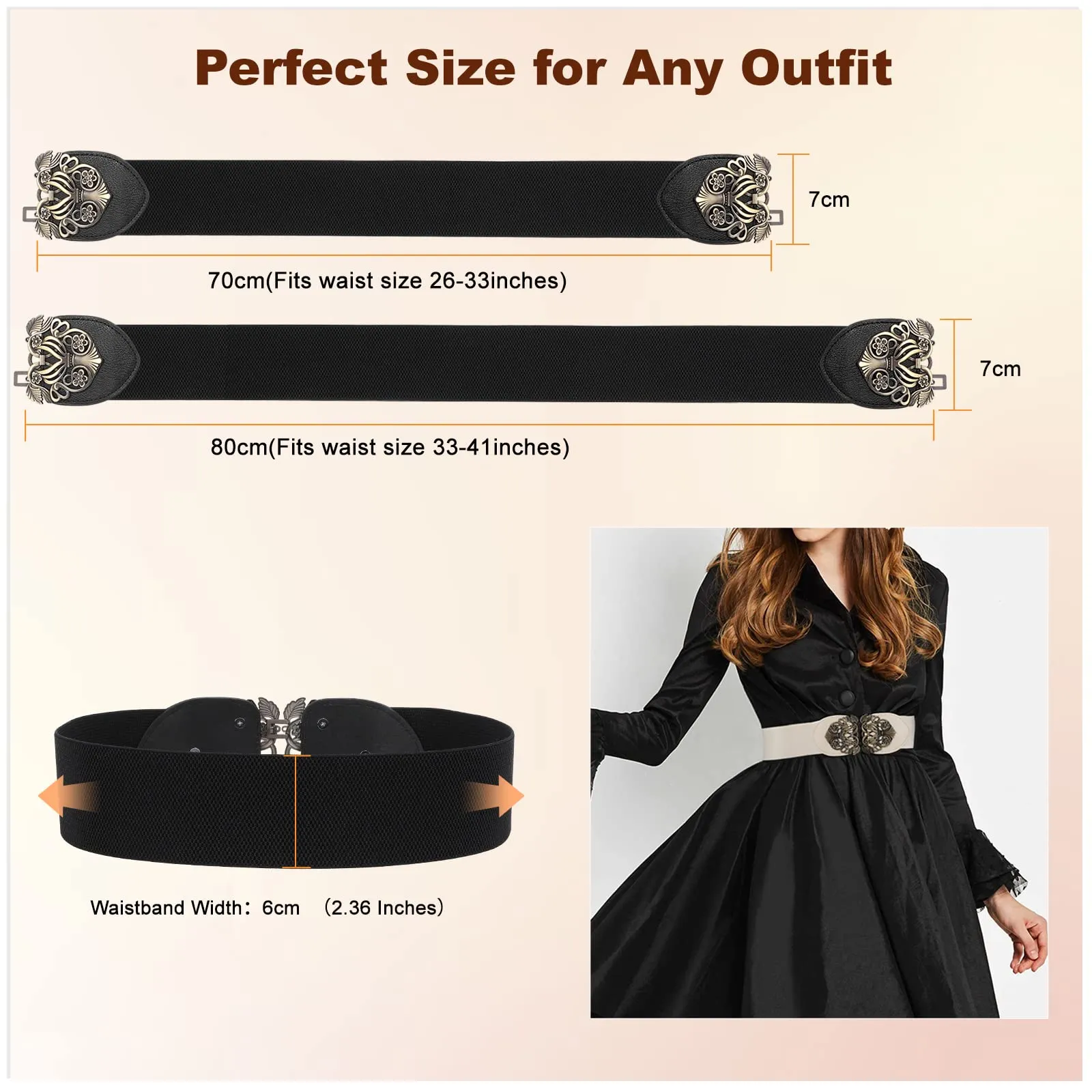 Women Vintage Wide Waist Belt for Dress, Elastic Cinch Belt with Retro Interlocking Buckle