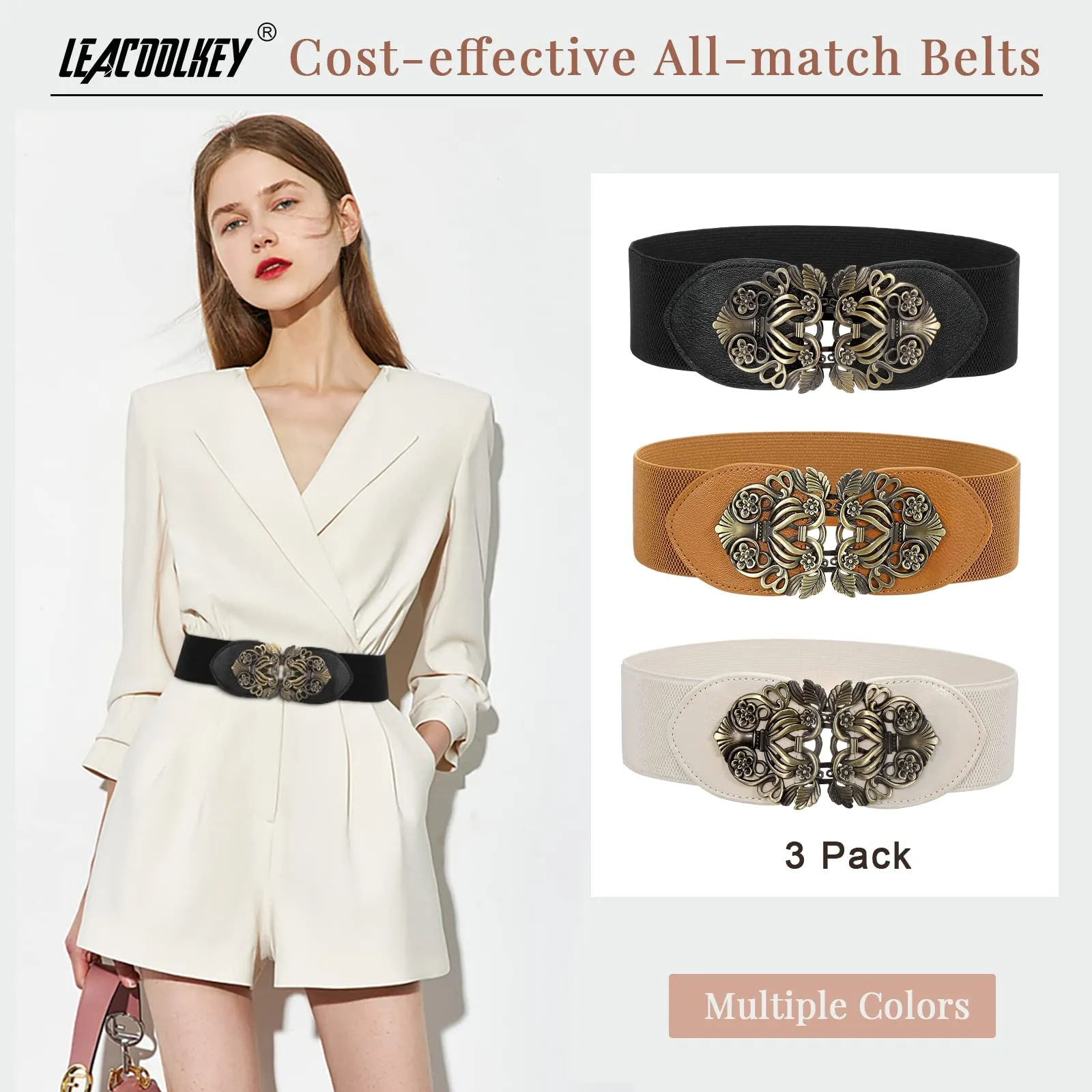 Women Vintage Wide Waist Belt for Dress, Elastic Cinch Belt with Retro Interlocking Buckle