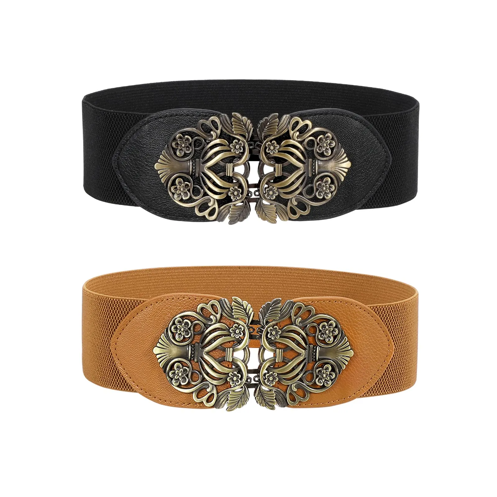 Women Vintage Wide Waist Belt for Dress, Elastic Cinch Belt with Retro Interlocking Buckle
