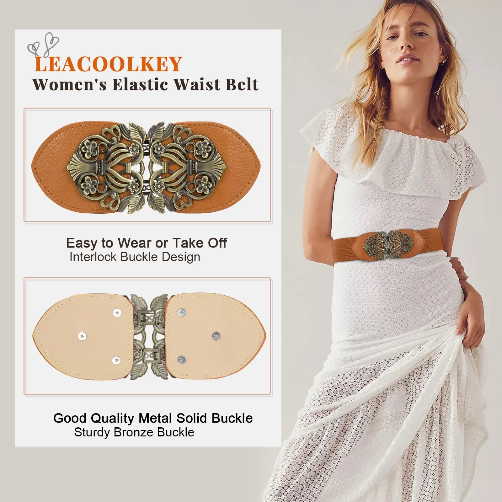 Women Vintage Wide Waist Belt for Dress, Elastic Cinch Belt with Retro Interlocking Buckle