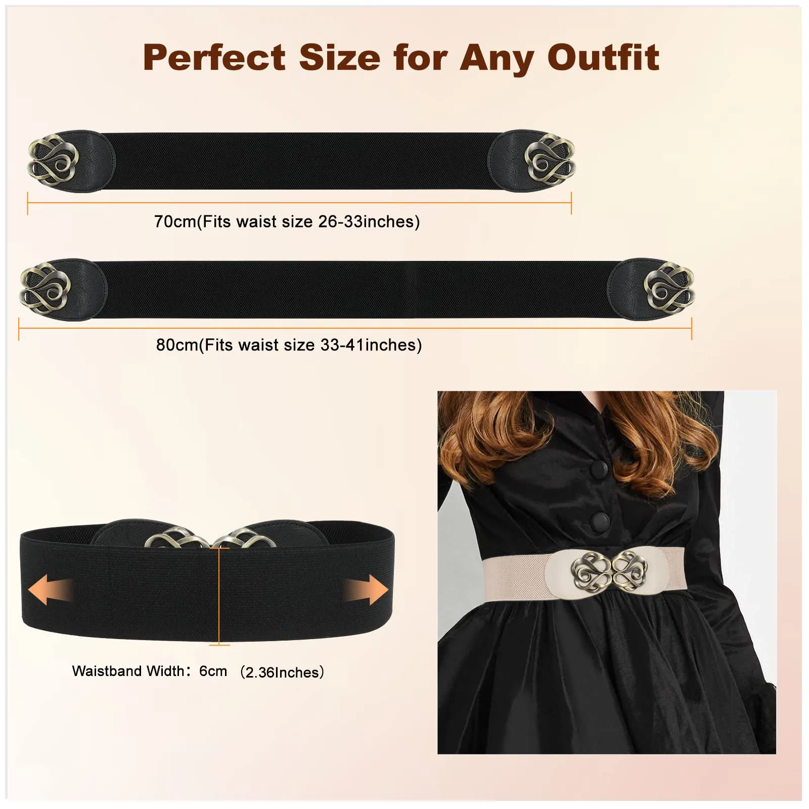 Women Vintage Wide Waist Belt for Dress, Elastic Cinch Belt with Retro Interlocking Buckle