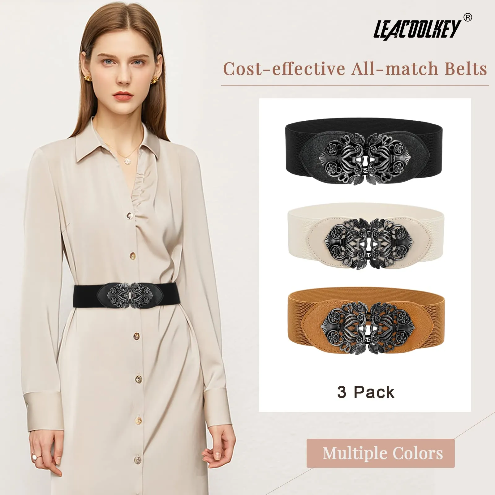 Women Vintage Wide Waist Belt for Dress, Elastic Cinch Belt with Retro Interlocking Buckle