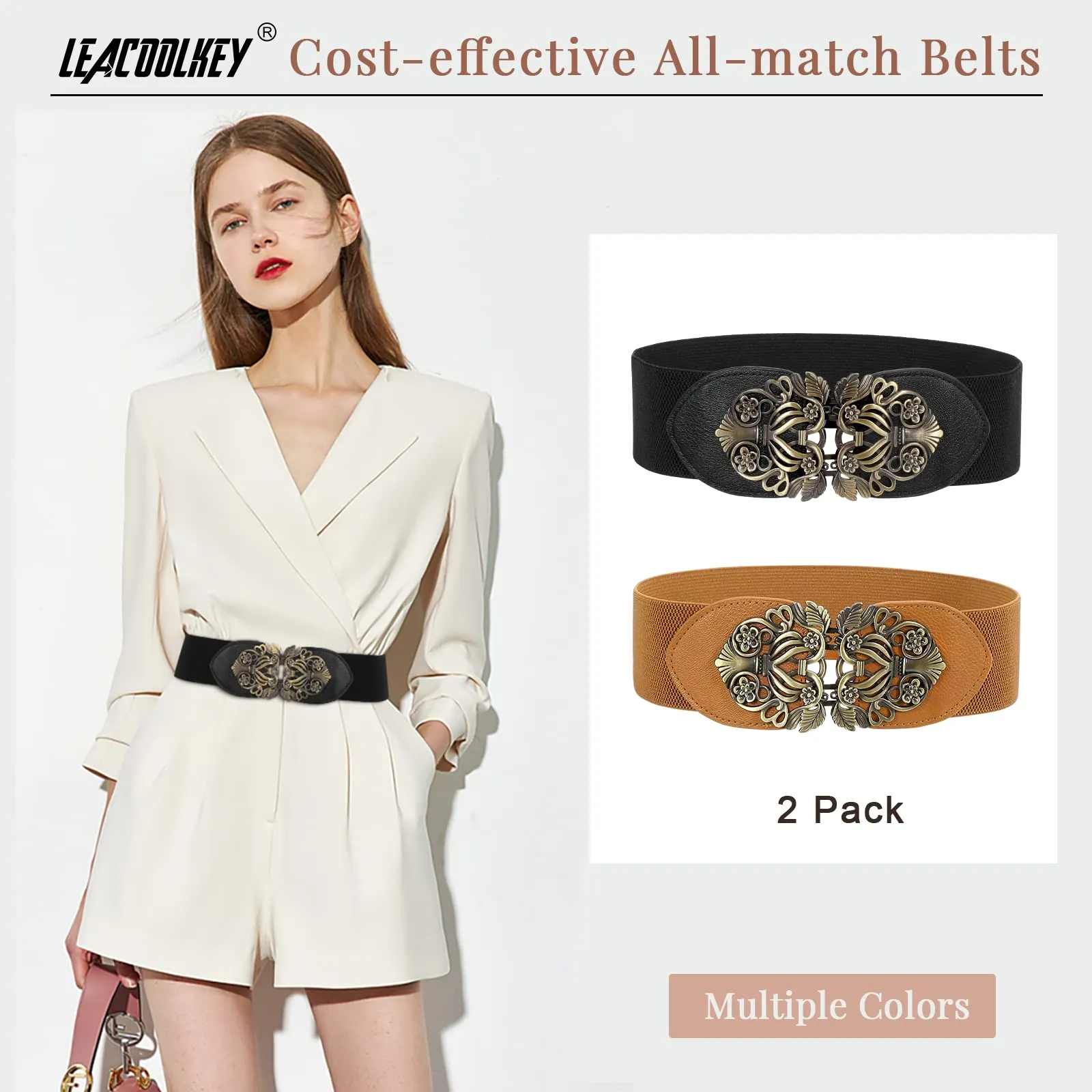 Women Vintage Wide Waist Belt for Dress, Elastic Cinch Belt with Retro Interlocking Buckle