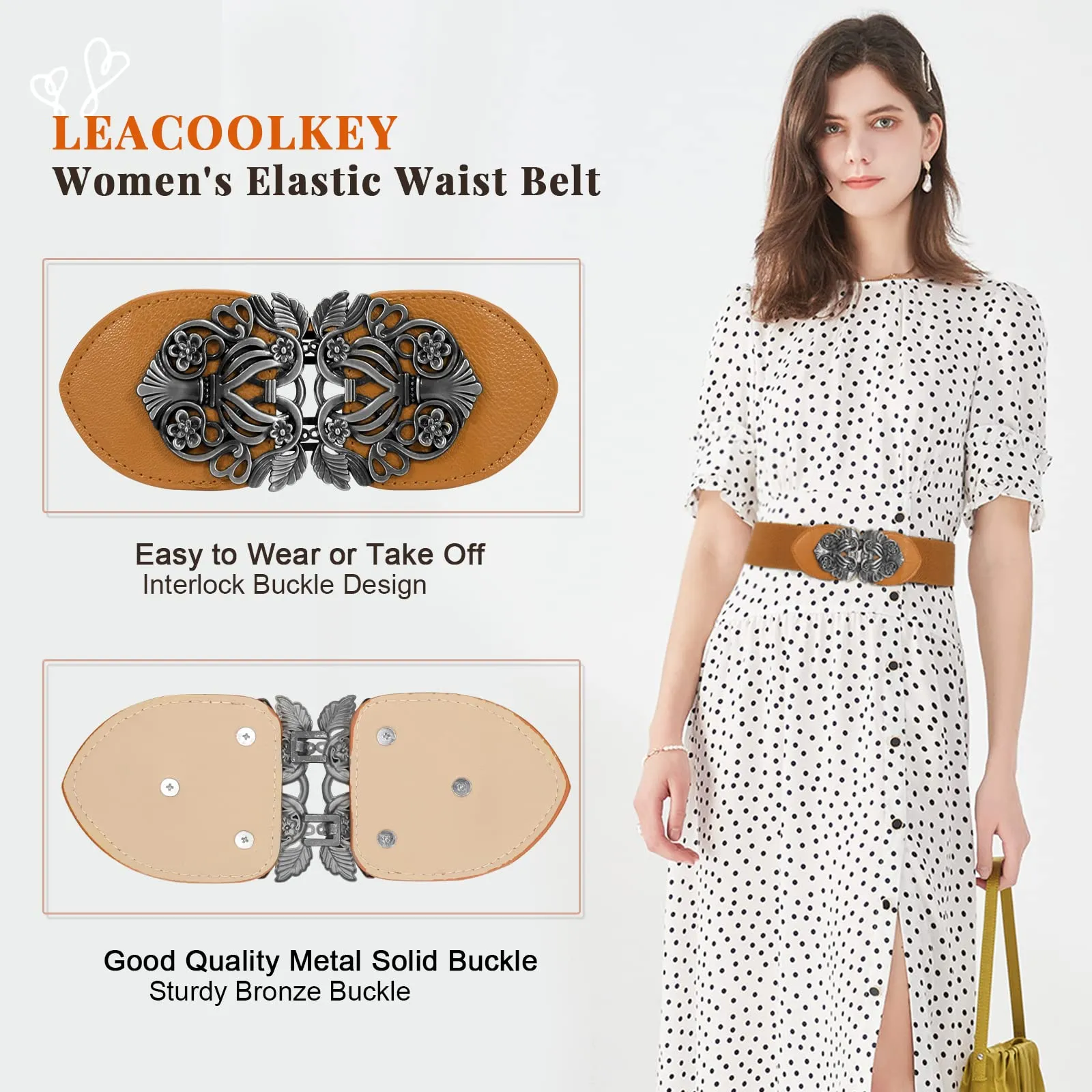 Women Vintage Wide Waist Belt for Dress, Elastic Cinch Belt with Retro Interlocking Buckle