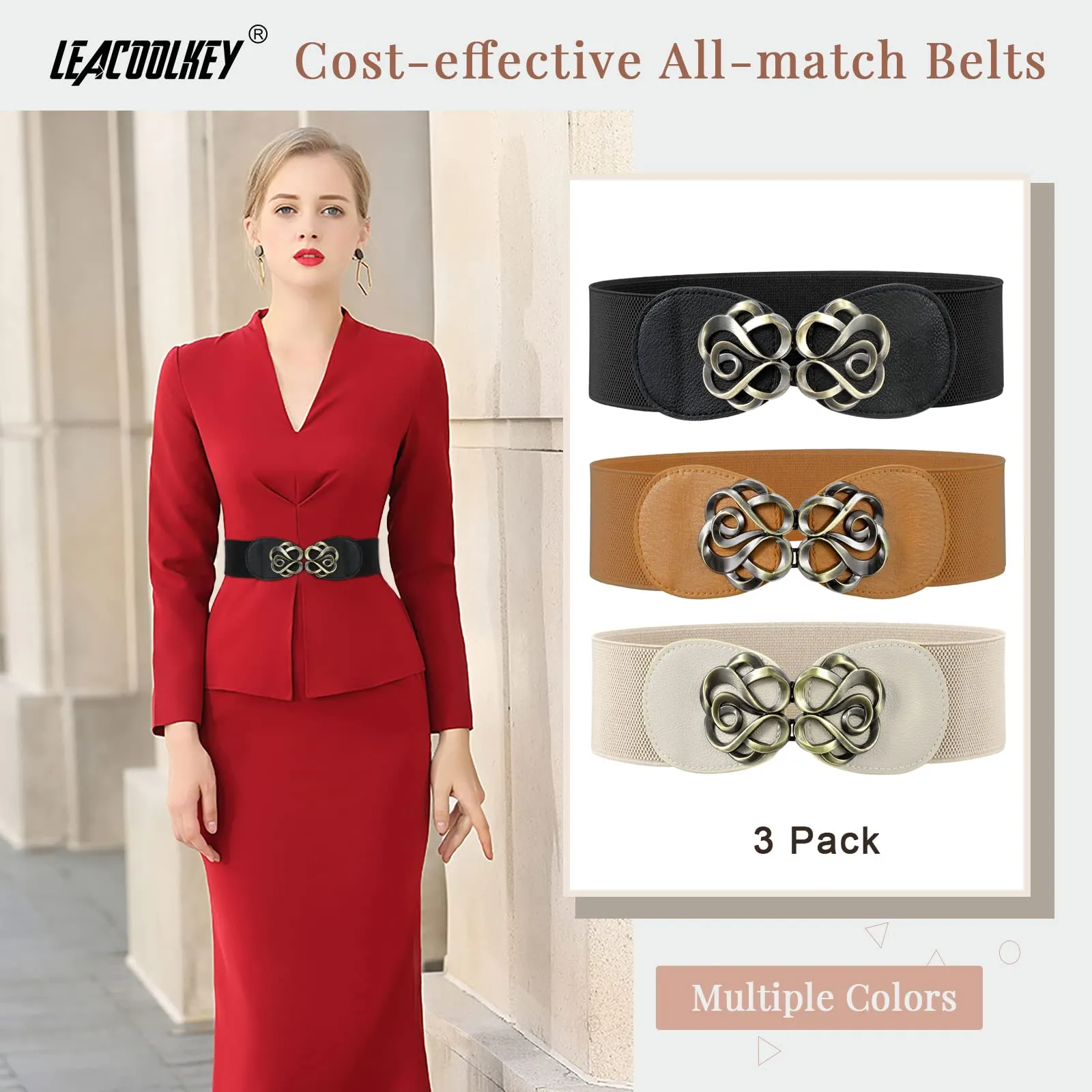 Women Vintage Wide Waist Belt for Dress, Elastic Cinch Belt with Retro Interlocking Buckle