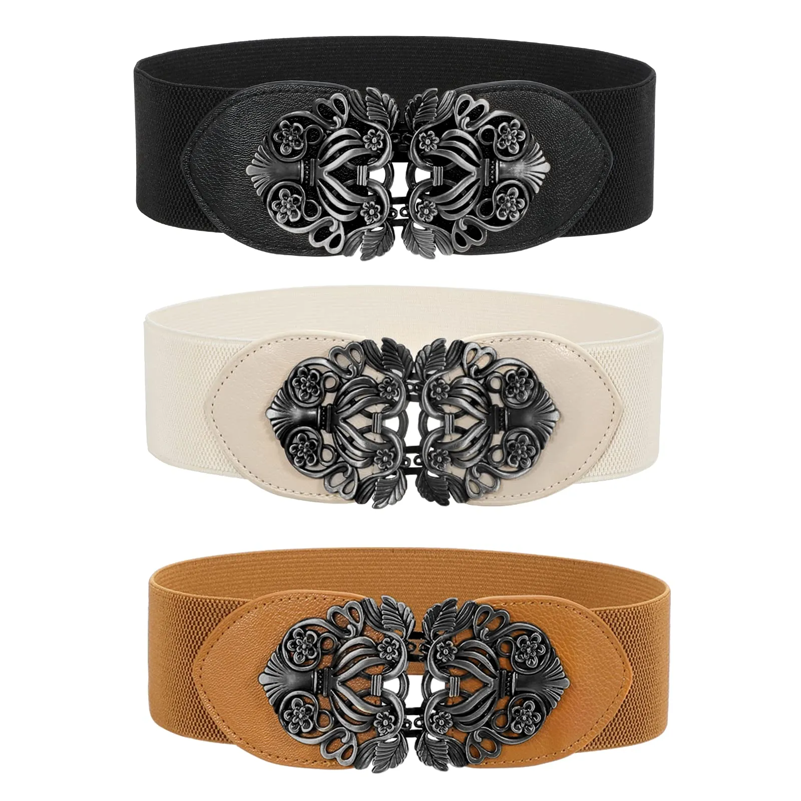 Women Vintage Wide Waist Belt for Dress, Elastic Cinch Belt with Retro Interlocking Buckle