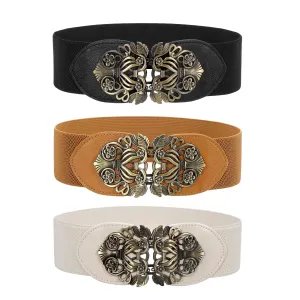 Women Vintage Wide Waist Belt for Dress, Elastic Cinch Belt with Retro Interlocking Buckle