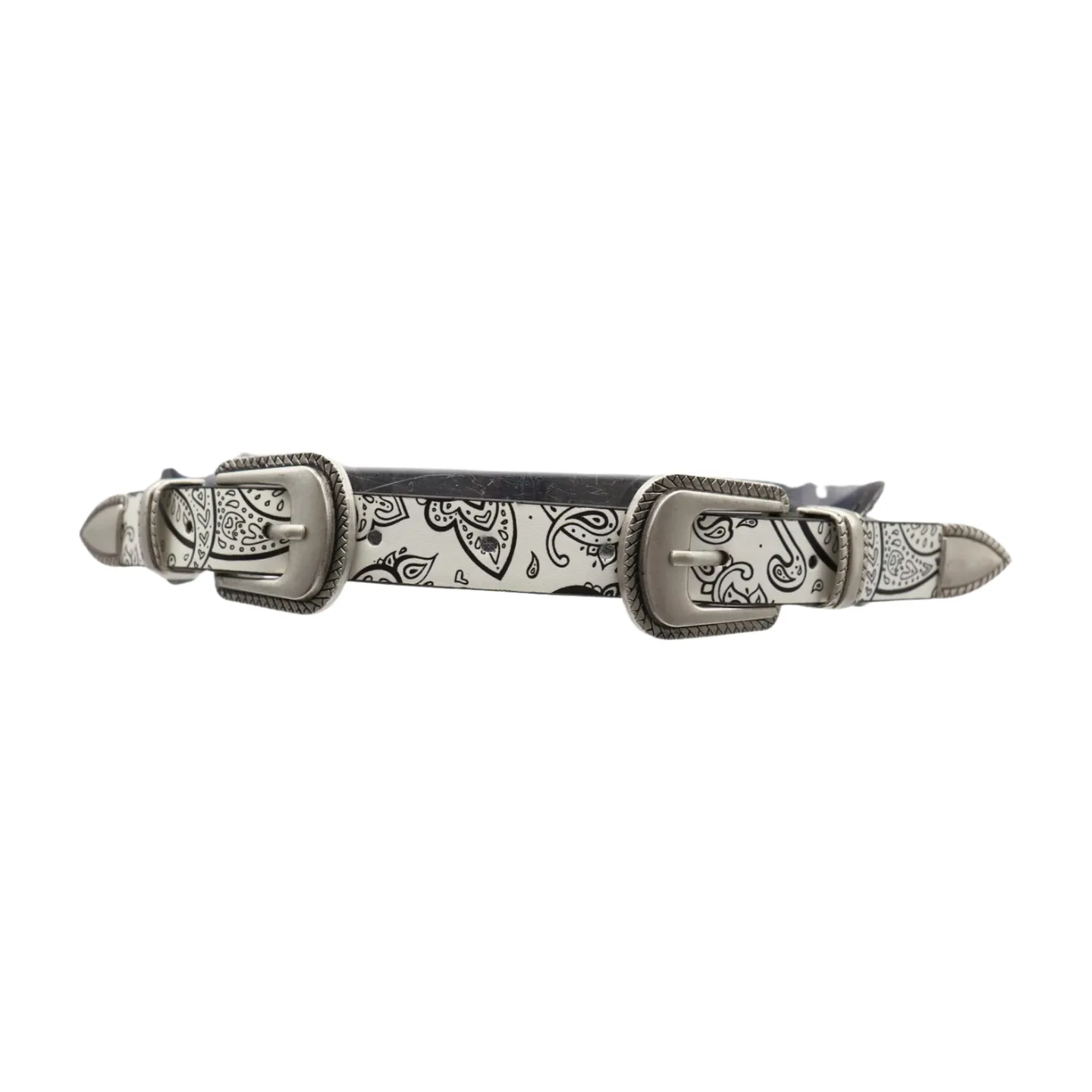 Women White Elastic Belt Paisley Print Double Western Buckles S M