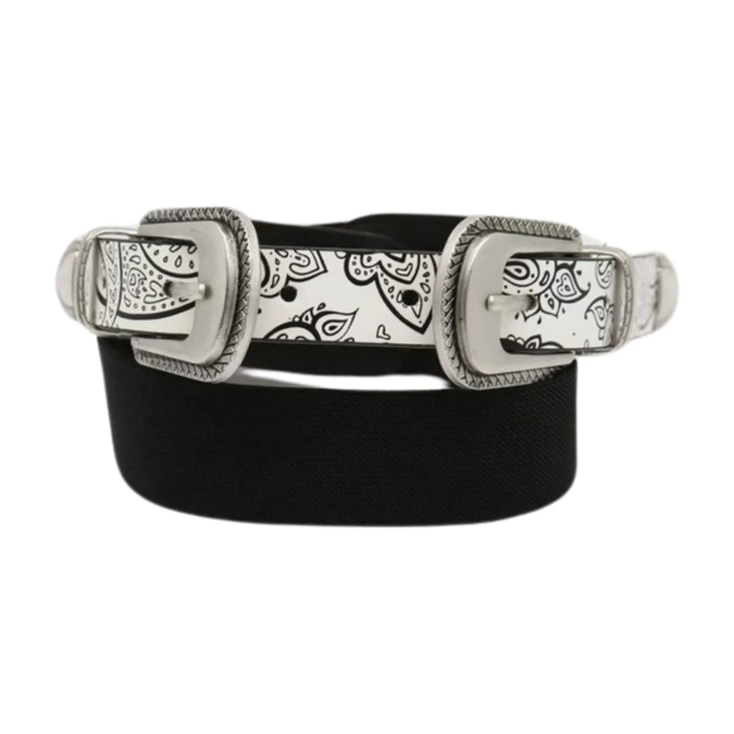 Women White Elastic Belt Paisley Print Double Western Buckles S M