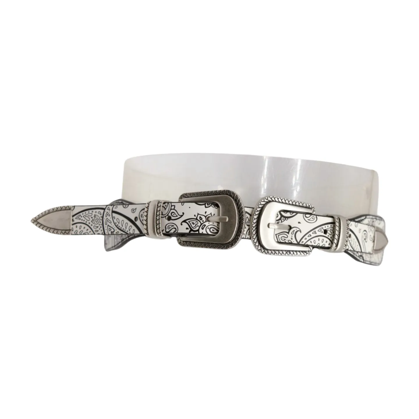 Women White Elastic Belt Paisley Print Double Western Buckles S M