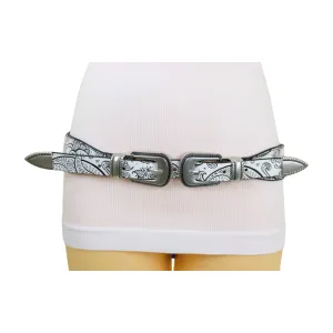 Women White Elastic Belt Paisley Print Double Western Buckles S M
