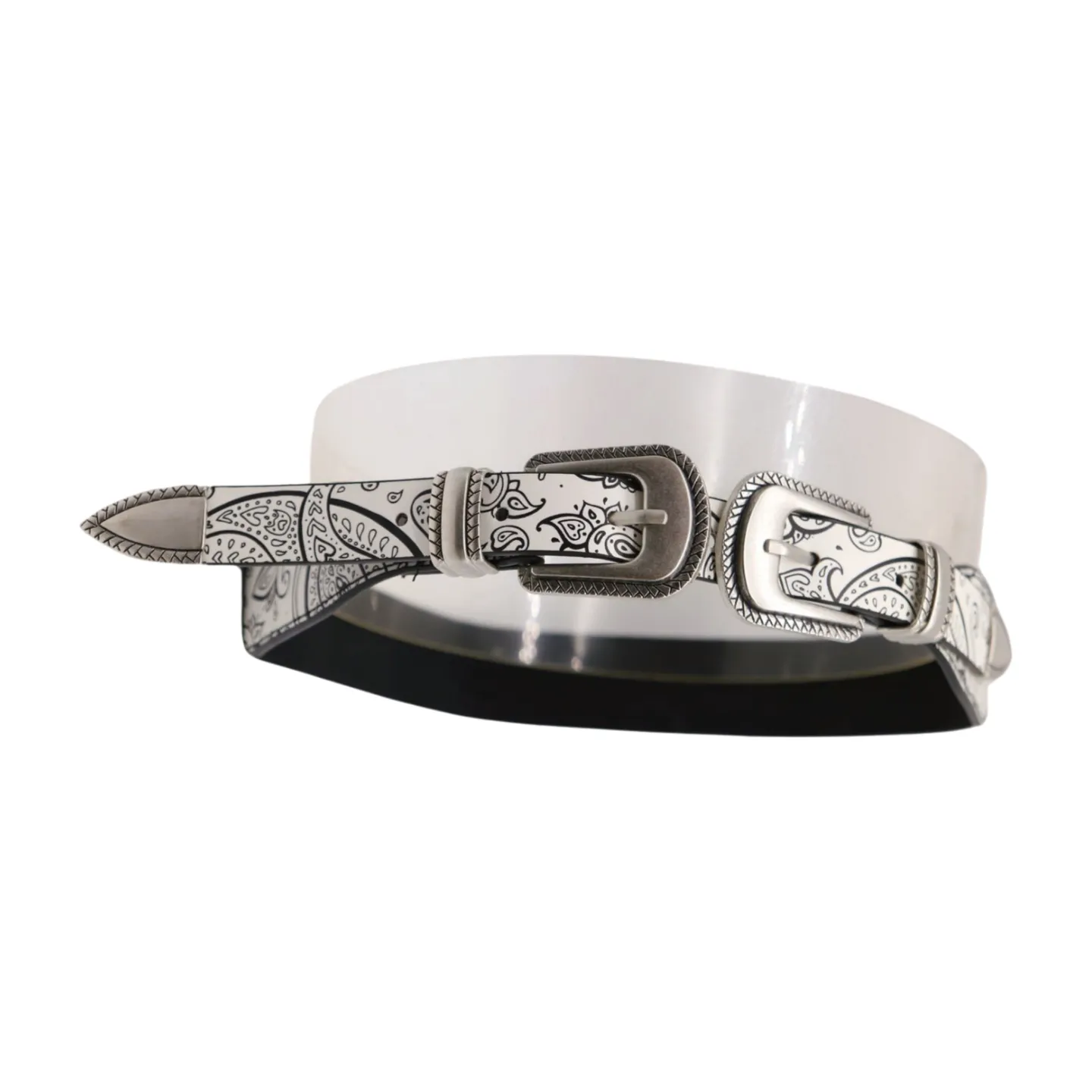 Women White Elastic Belt Paisley Print Double Western Buckles S M