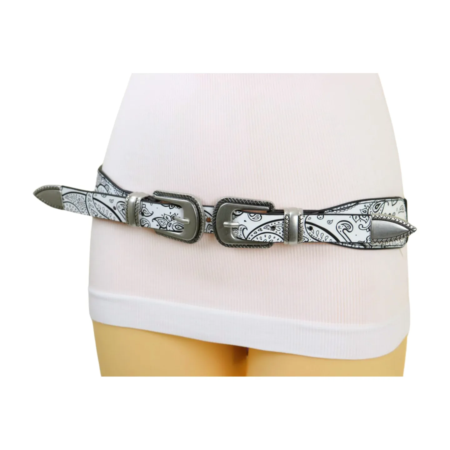 Women White Elastic Belt Paisley Print Double Western Buckles S M