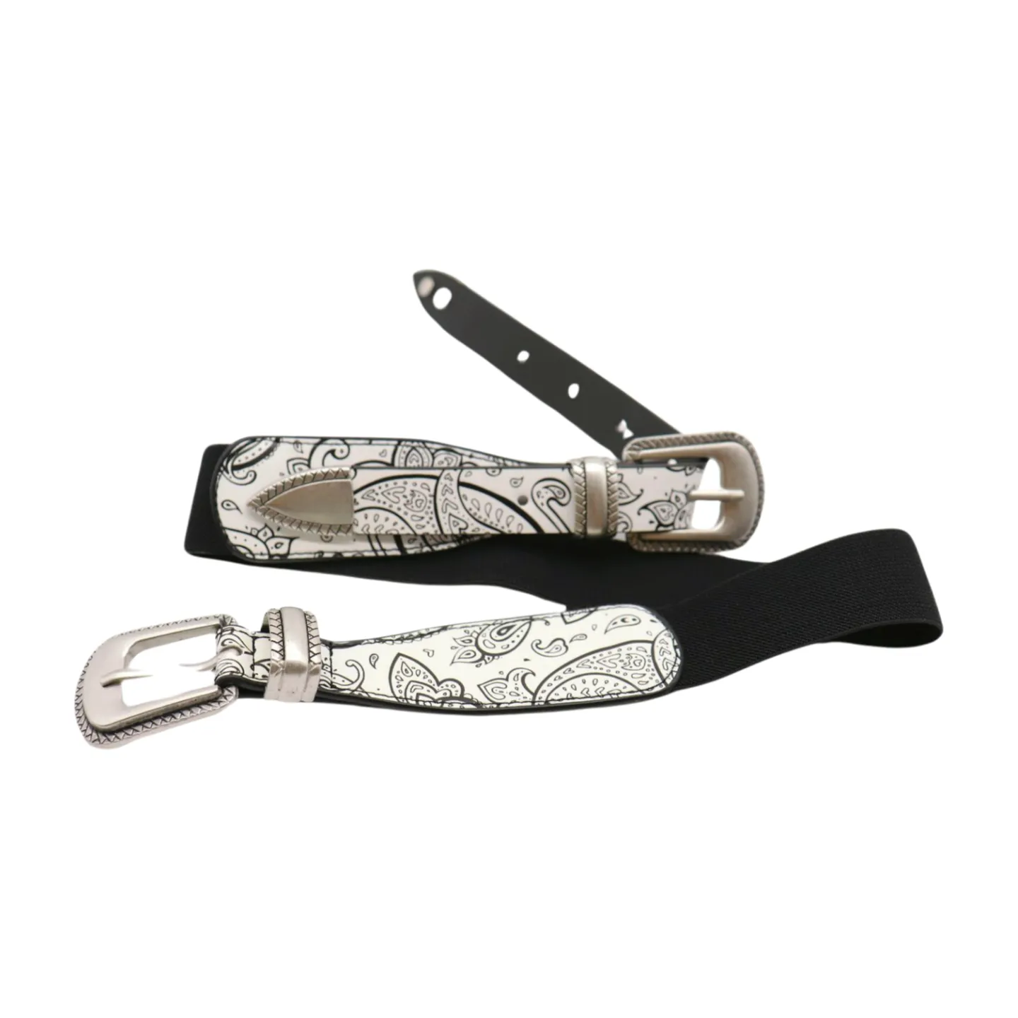 Women White Elastic Belt Paisley Print Double Western Buckles S M