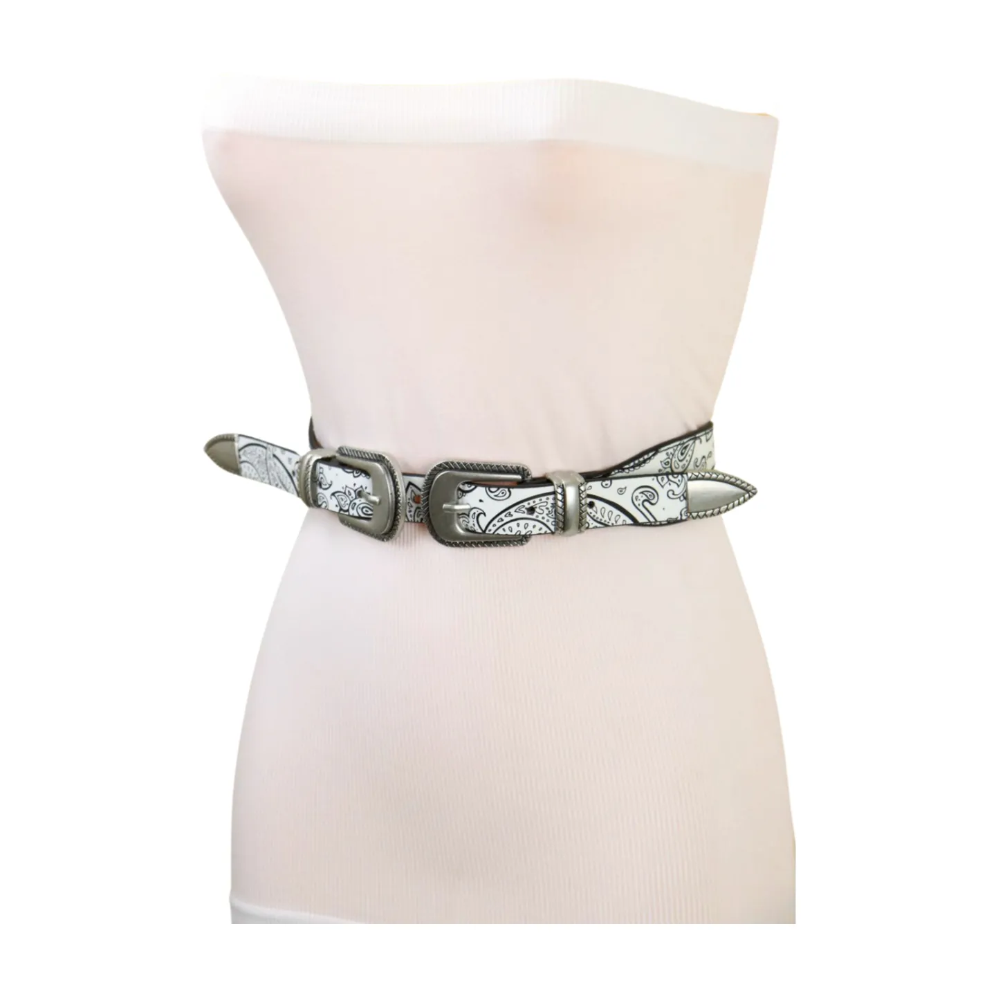 Women White Elastic Belt Paisley Print Double Western Buckles S M