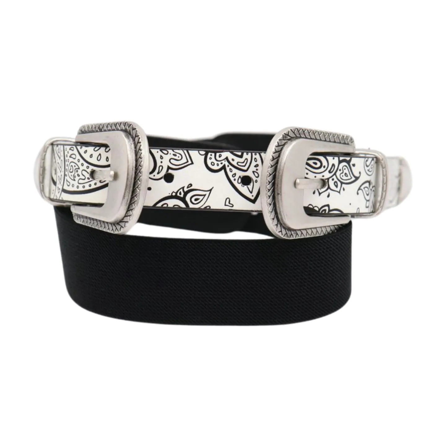 Women White Elastic Belt Paisley Print Double Western Buckles S M