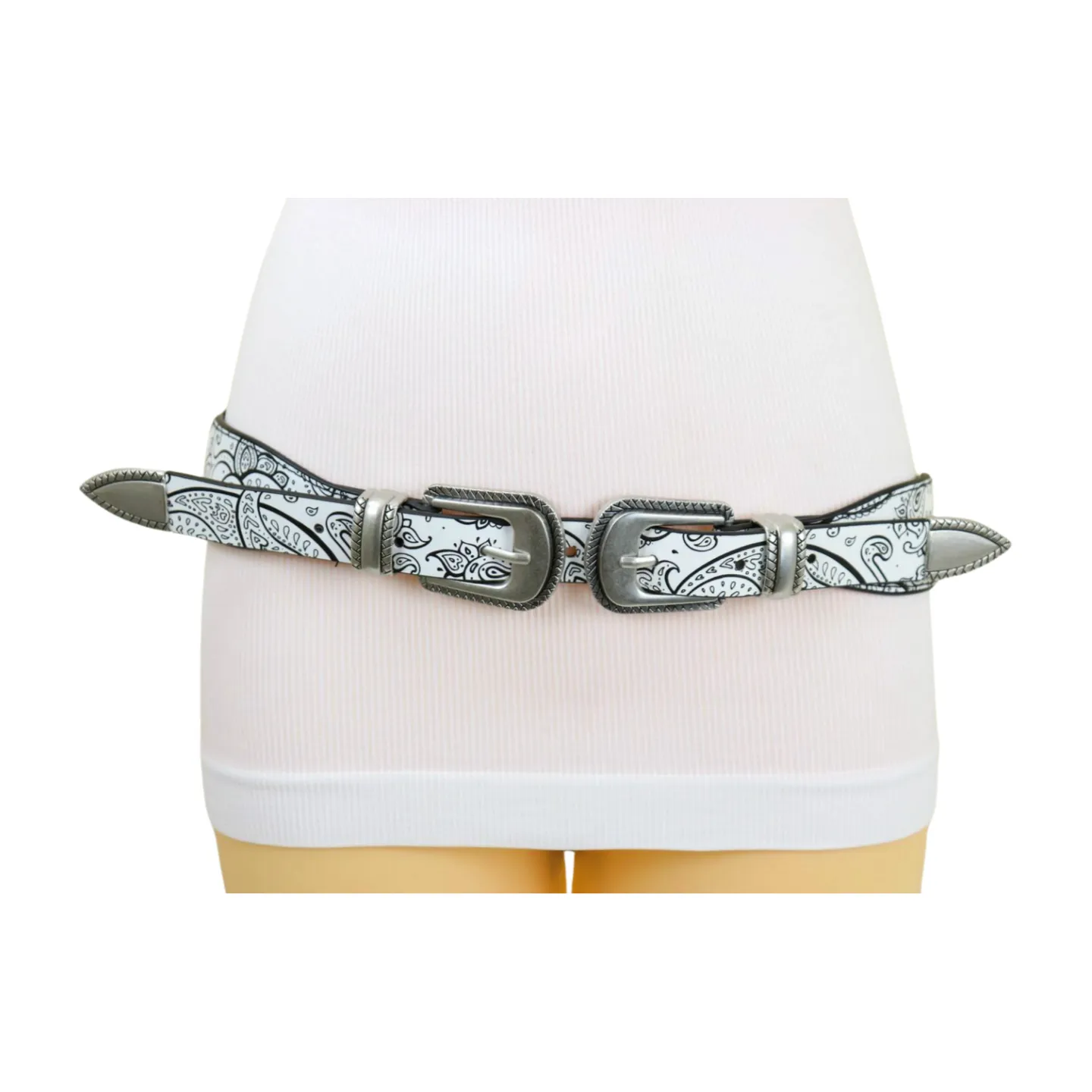 Women White Elastic Belt Paisley Print Double Western Buckles S M