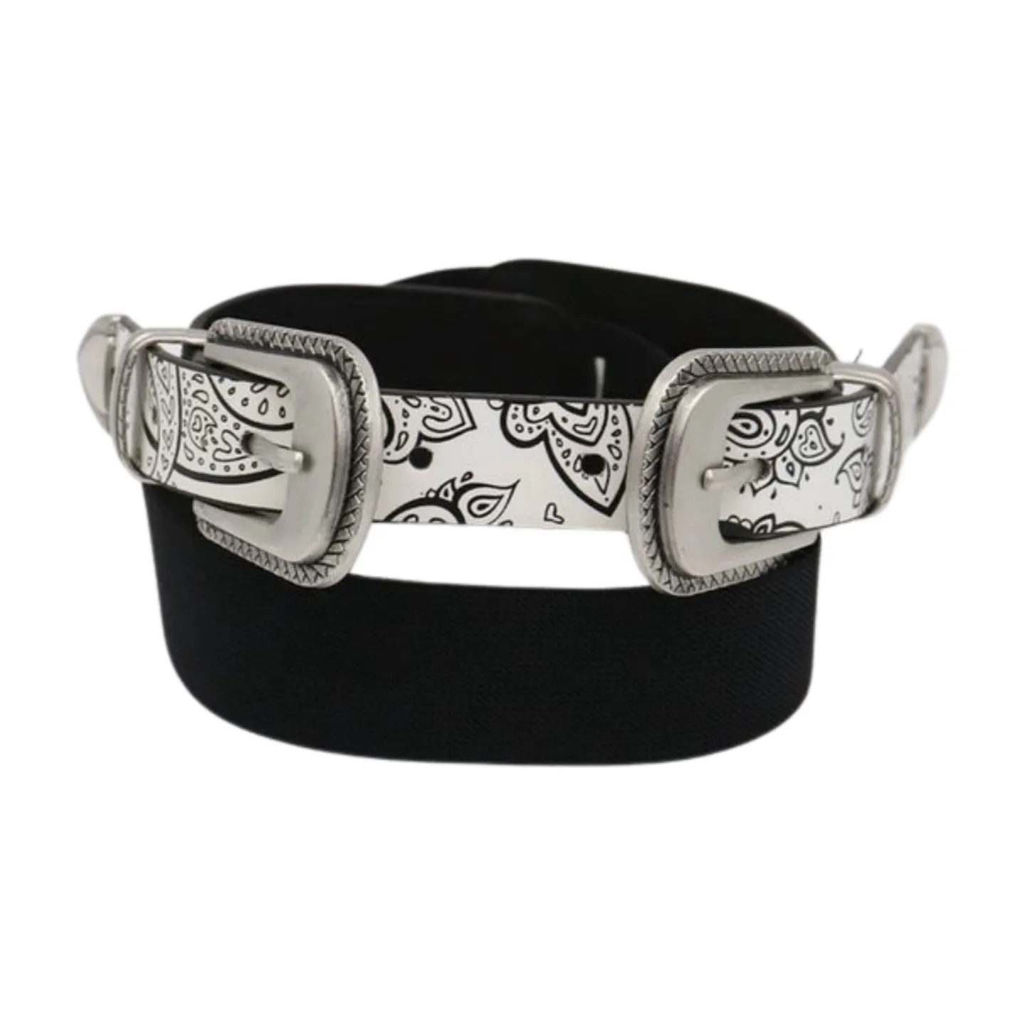 Women White Elastic Belt Paisley Print Double Western Buckles S M