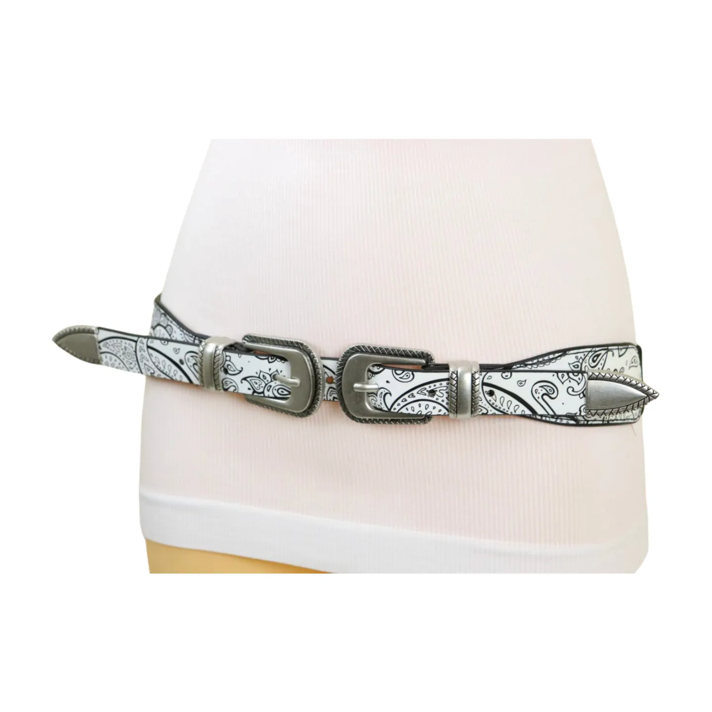 Women White Elastic Belt Paisley Print Double Western Buckles S M