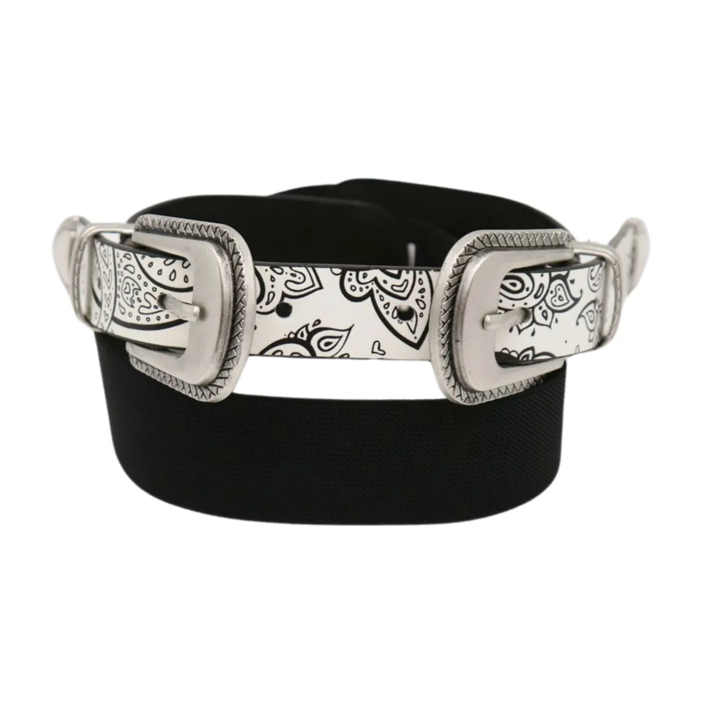 Women White Elastic Belt Paisley Print Double Western Buckles S M