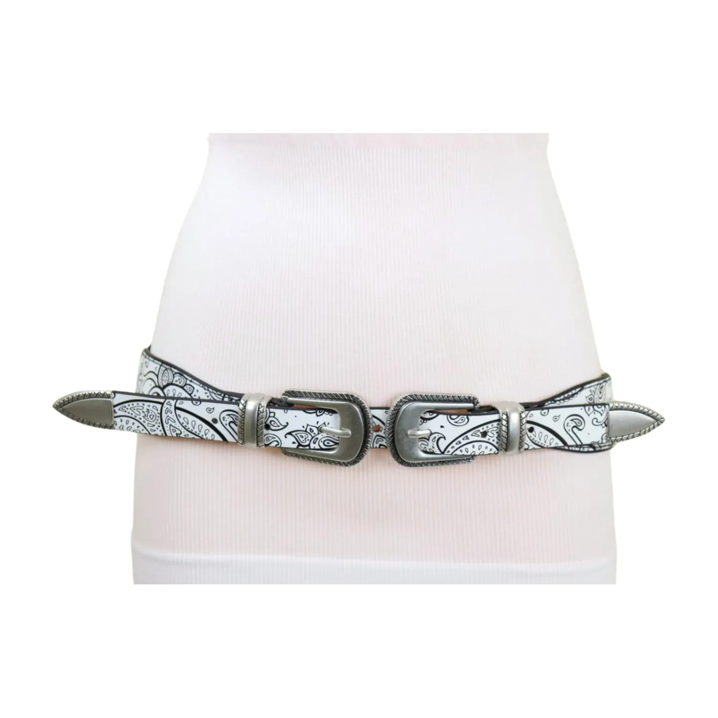 Women White Elastic Belt Paisley Print Double Western Buckles S M