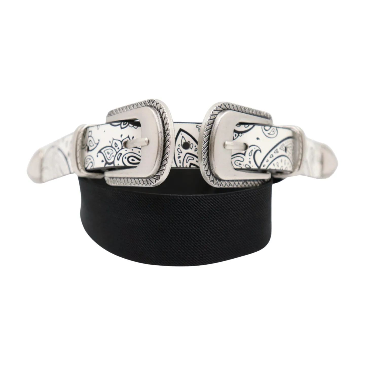 Women White Elastic Belt Paisley Print Double Western Buckles S M