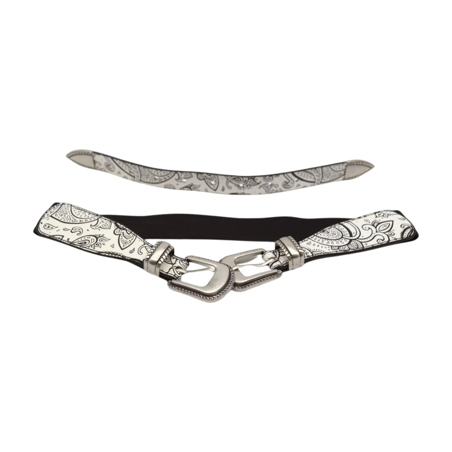 Women White Elastic Belt Paisley Print Double Western Buckles S M