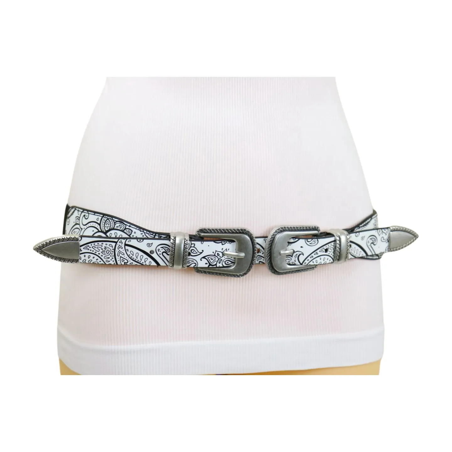 Women White Elastic Belt Paisley Print Double Western Buckles S M