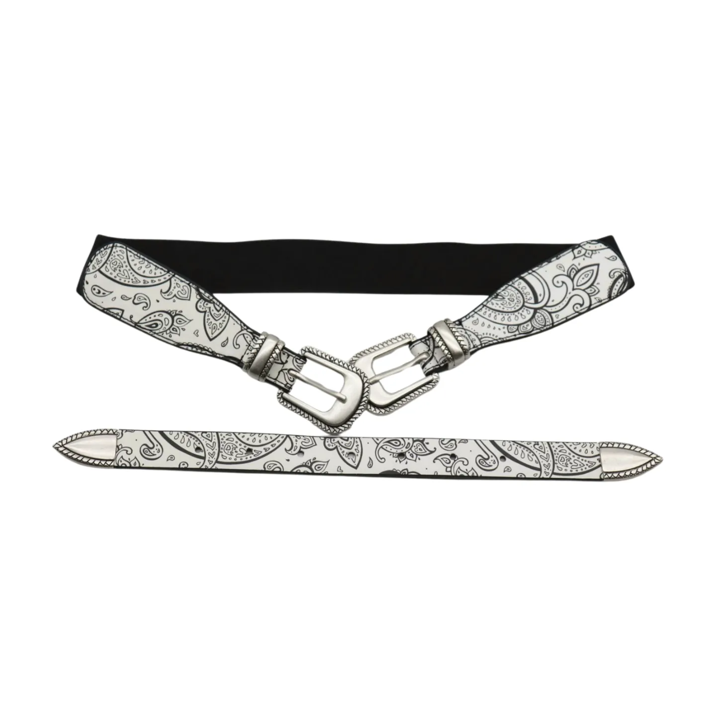 Women White Elastic Belt Paisley Print Double Western Buckles S M
