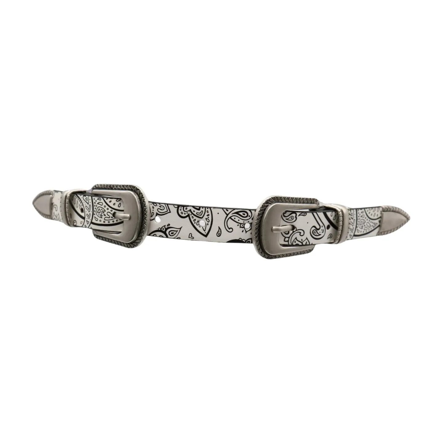 Women White Elastic Belt Paisley Print Double Western Buckles S M