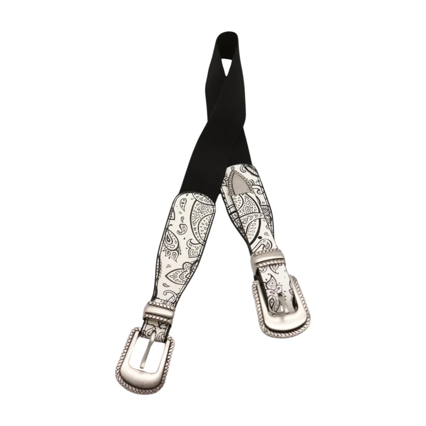 Women White Elastic Belt Paisley Print Double Western Buckles S M