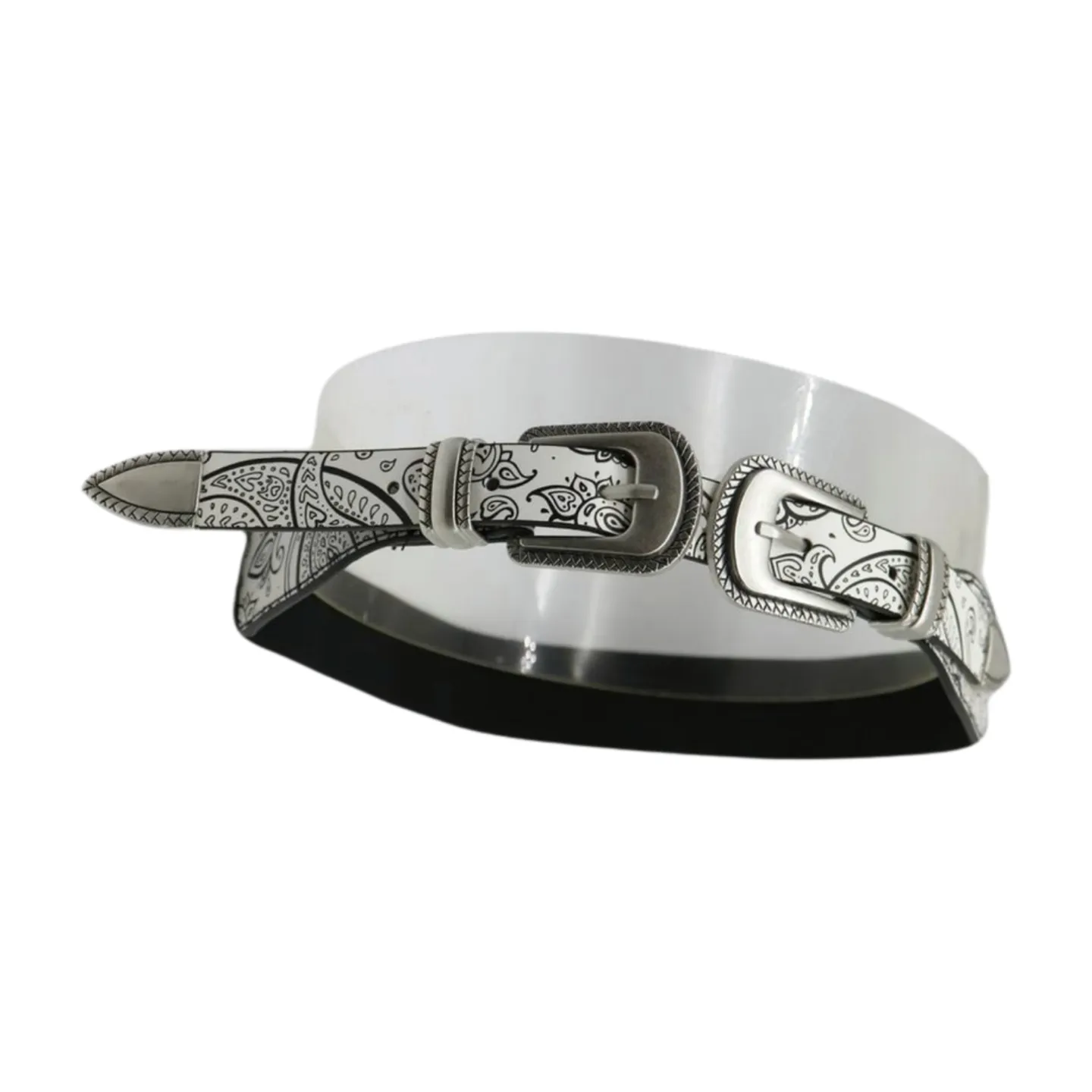 Women White Elastic Belt Paisley Print Double Western Buckles S M