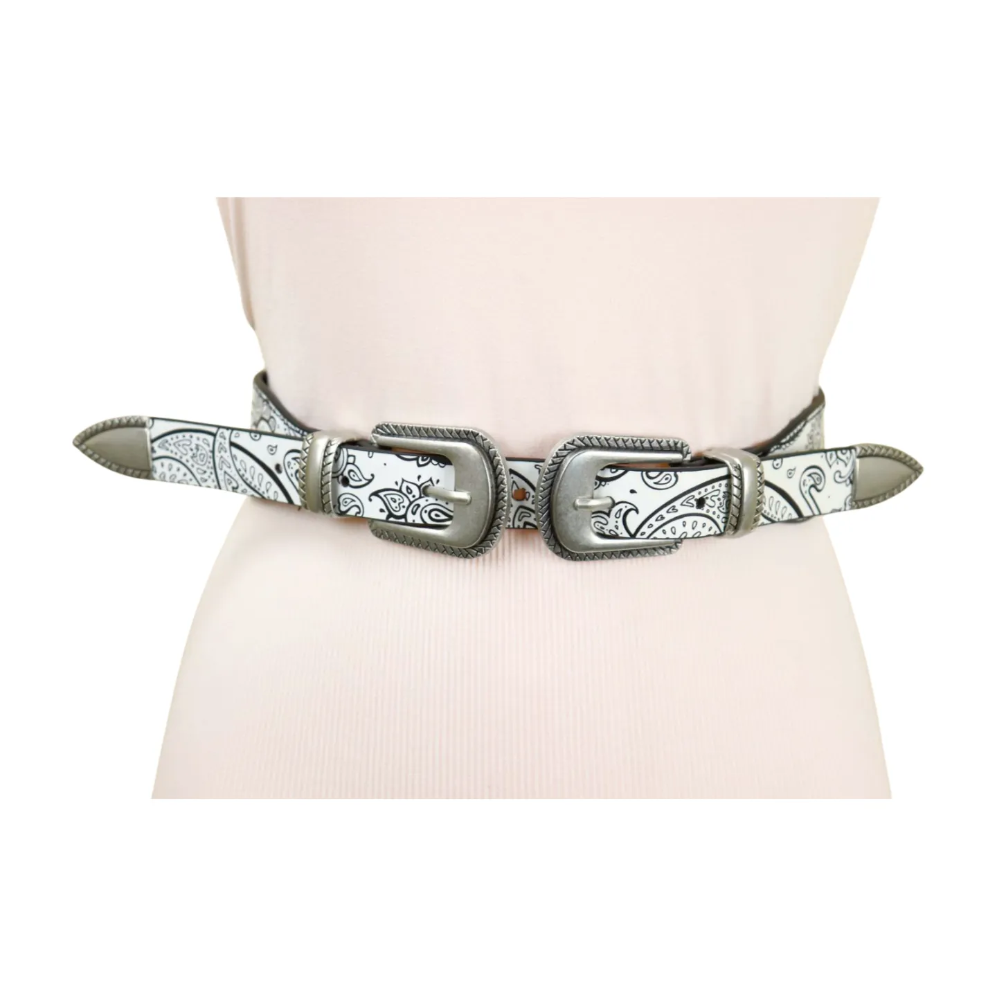 Women White Elastic Belt Paisley Print Double Western Buckles S M