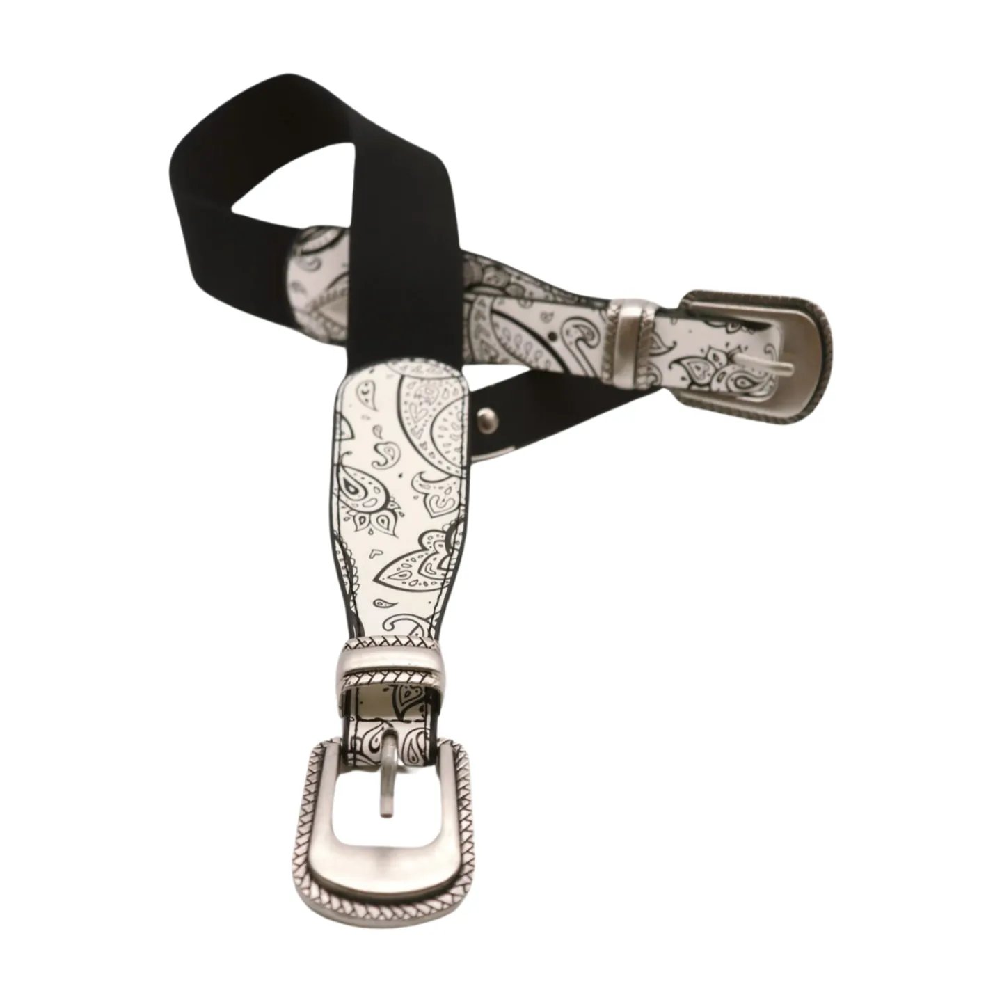 Women White Elastic Belt Paisley Print Double Western Buckles S M