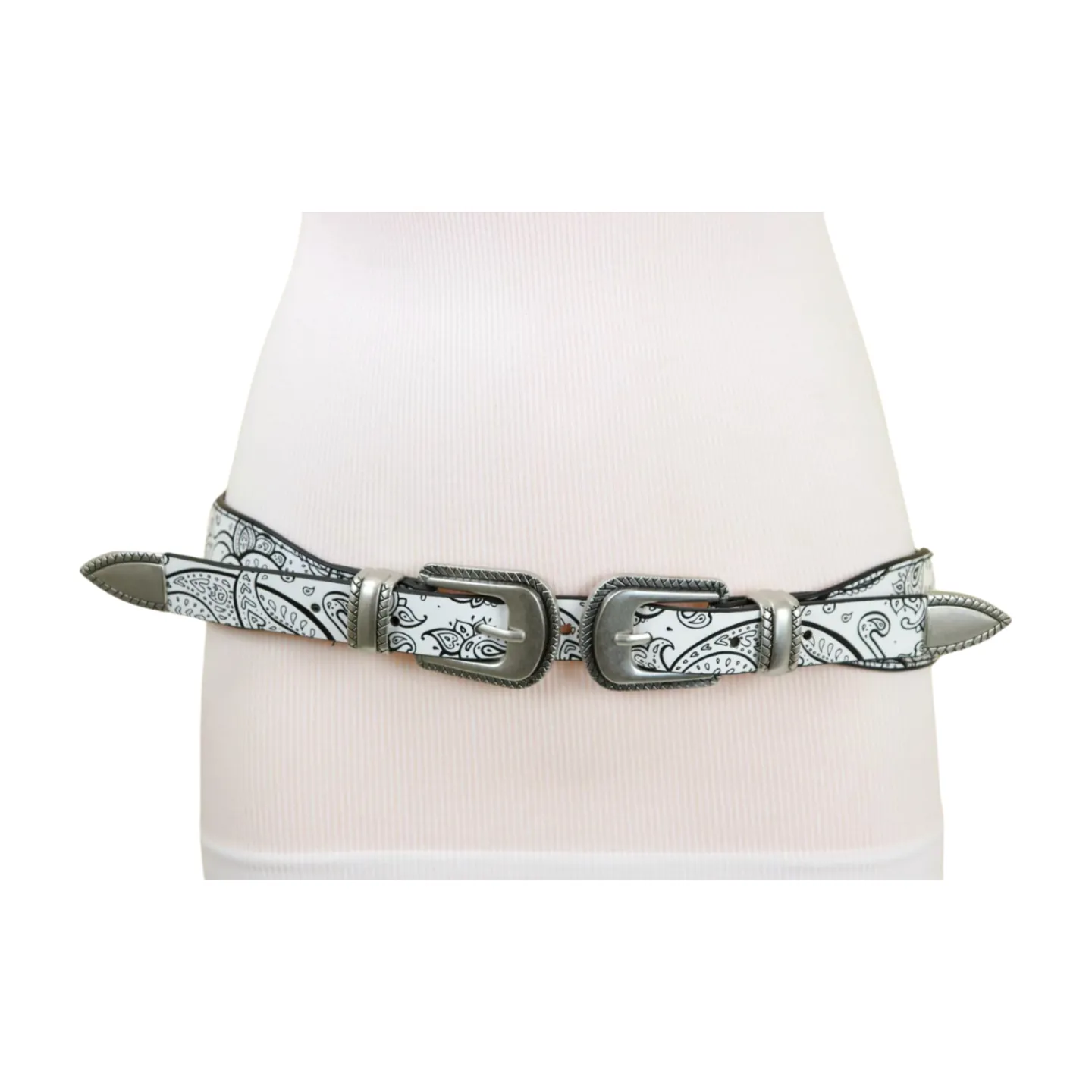 Women White Elastic Belt Paisley Print Double Western Buckles S M
